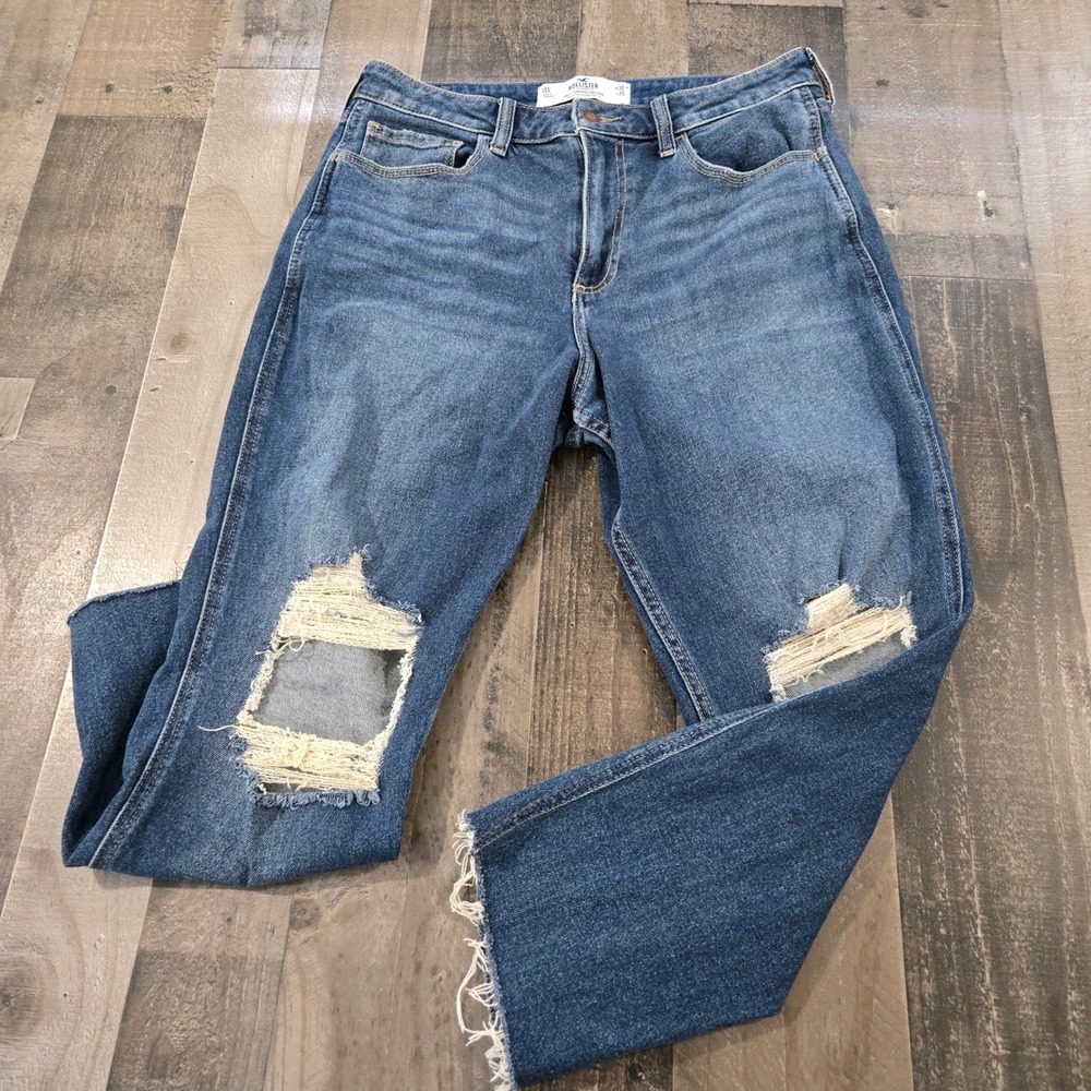 Hollister Curvy High-Rise Mom Jeans 11S W30 L25 Distressed Blue Denim Raw Hem